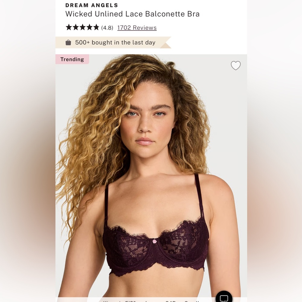 VS Wicked Dream Angels Unlined Lace Balconette Bra 36D ‘Winter Wine’ NWT